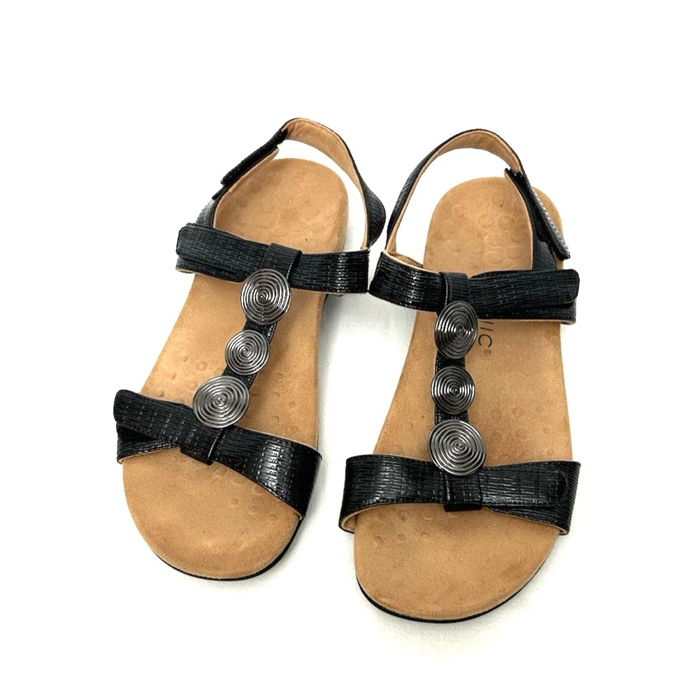 Vionic Farra Sandals SZ 10 Black Lizard Silver Toned Swirl Metallic Medallions